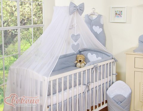 Pościel 5-cz z moskitierą - Wiszące Serduszka kropki na szarym