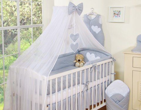 Pościel 5-cz z moskitierą - Wiszące Serduszka kropki na szarym