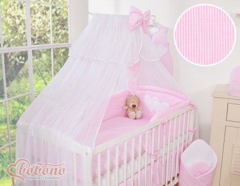 Pościel 5-cz z moskitierą- Wiszące Serduszka paseczki różowe