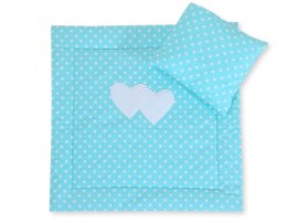 Pościel do wózka z wypełnieniem kołderka i poduszka - Serduszka białe grochy na turkusie