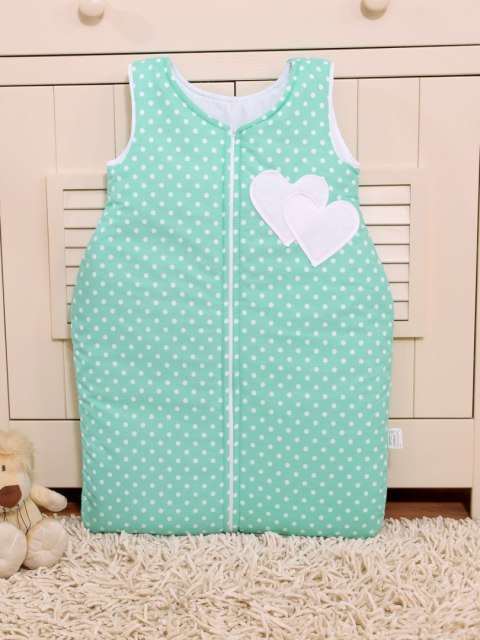 Śpiworek dla dzieci bawełniany M 6-12 mcy TOG 2.5 całoroczny ocieplany serduszka grochy na mięcie