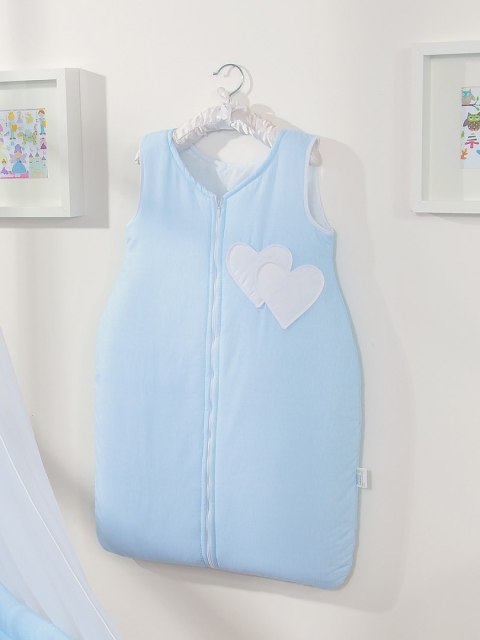 Śpiworek dla dzieci bawełniany M 6-12 mcy TOG 2.5 całoroczny ocieplany serduszka paseczki niebieskie