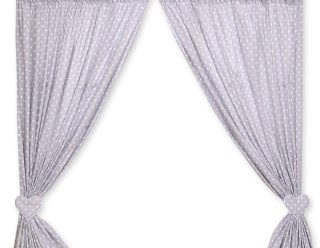 Zasłonki do pokoju dziecięcego- Wiszące serduszka białe grochy na szarym