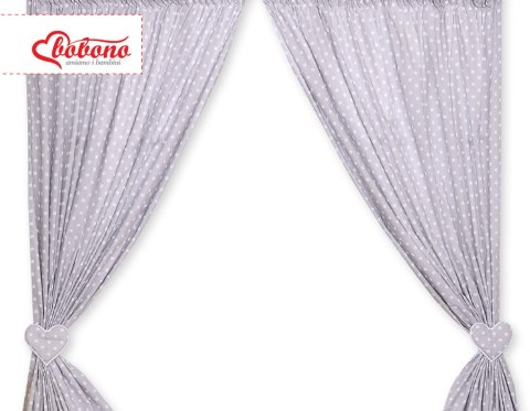 Zasłonki do pokoju dziecięcego- Wiszące serduszka białe grochy na szarym