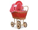 Wiklinowy wózek dla lalek wysoki ażurowy z czerwoną pościelką i wyściółką VERONICA - naturalny