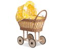 Wiklinowy wózek dla lalek wysoki ażurowy z żółtą pościelką i wyściółką VERONICA - naturalny