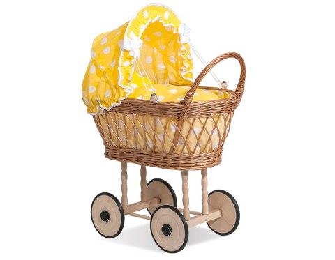 Wiklinowy wózek dla lalek wysoki ażurowy z żółtą pościelką i wyściółką VERONICA - naturalny