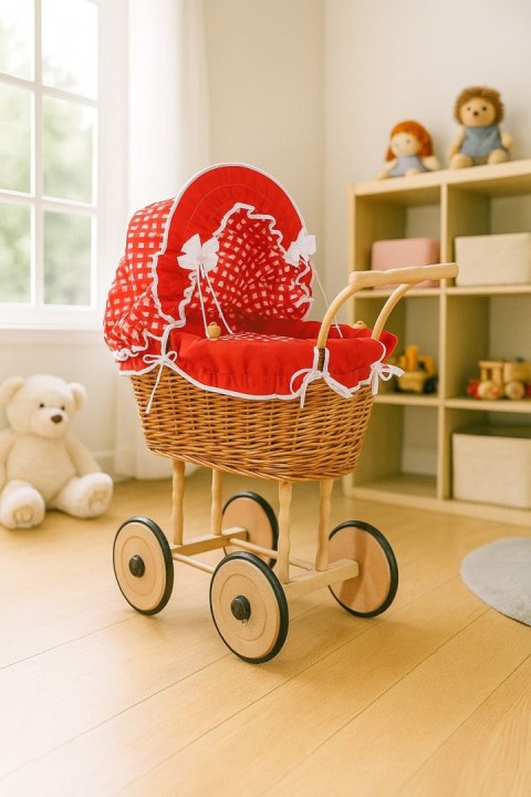 Wiklinowy wózek dla lalek wysoki z czerwoną pościelką i wyściółką- naturalny
