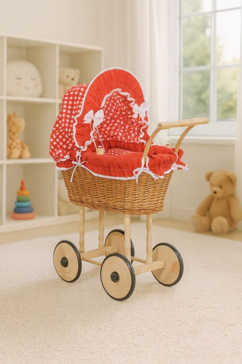 Wiklinowy wózek dla lalek wysoki z czerwoną pościelką i wyściółką- naturalny
