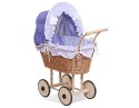 Wiklinowy wózek dla lalek wysoki z fioletową pościelką i wyściółką NATALIA naturalny