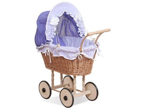 Wiklinowy wózek dla lalek wysoki z fioletową pościelką i wyściółką NATALIA naturalny