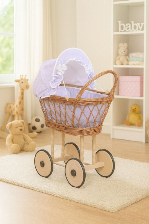 Wiklinowy wózek dla lalek wysoki z fioletową pościelką i wyściółką- naturalny