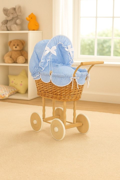 Wiklinowy wózek dla lalek wysoki z niebieską pościelką i wyściółką- naturalny