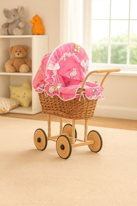 Wiklinowy wózek dla lalek wysoki z różową pościelką i wyściółką- naturalny