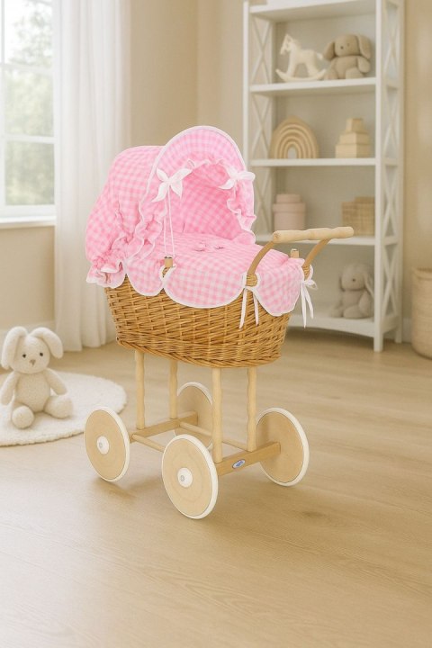 Wiklinowy wózek dla lalek wysoki z różową pościelką i wyściółką- naturalny
