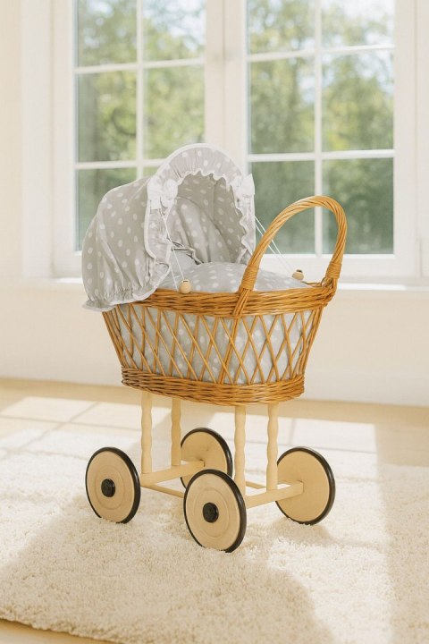 Wiklinowy wózek dla lalek wysoki z szarą pościelką i wyściółką- naturalny