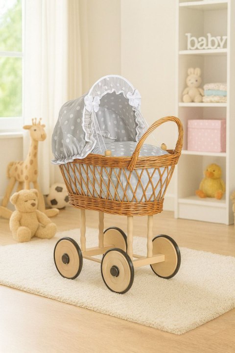 Wiklinowy wózek dla lalek wysoki z szarą pościelką i wyściółką- naturalny