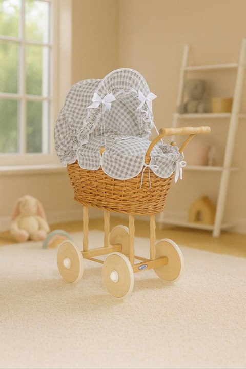Wiklinowy wózek dla lalek wysoki z szarą pościelką i wyściółką- naturalny
