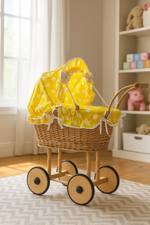 Wiklinowy wózek dla lalek wysoki z żółtą pościelką i wyściółką- naturalny