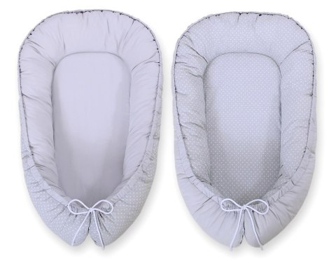 Kokon niemowlęcy dwustronny kojec otulacz Premium BOBONO- kropki na szarym/szary