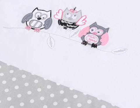 Komplet pościeli dla dzieci 135x100cm z ochraniaczem 3-cz Sówki szare z haftem szaro-różowym