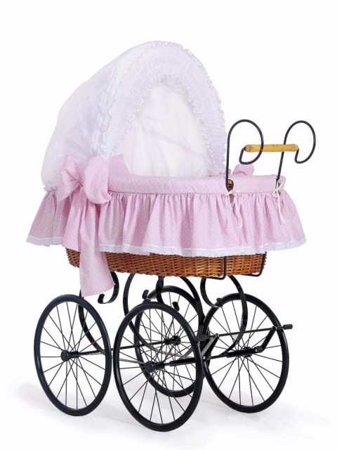 Wiklinowy kosz Mojżesza Retro ze składaną budką Christine - naturalny + różowa pościel z koronką