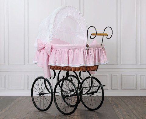 Wiklinowy kosz Mojżesza Retro ze składaną budką Christine - naturalny + różowa pościel z koronką