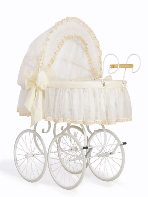 Wiklinowy kosz Mojżesza Retro ze składaną budką Eliza - biały + kremowa pościel z koronką