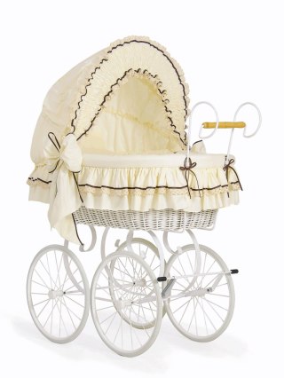 Wiklinowy kosz Mojżesza Retro ze składaną budką Emma - biały + kremowa pościel z koronką