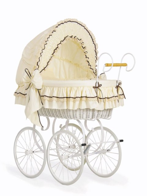 Wiklinowy kosz Mojżesza Retro ze składaną budką Emma - biały + kremowa pościel z koronką