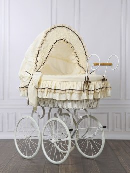 Wiklinowy kosz Mojżesza Retro ze składaną budką Emma - biały + kremowa pościel z koronką