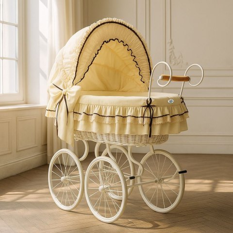 Wiklinowy kosz Mojżesza Retro ze składaną budką Emma - biały + kremowa pościel z koronką