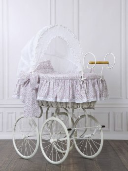 Wiklinowy kosz Mojżesza Retro ze składaną budką Jasmine - biały + różowa pościel z koronką
