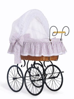 Wiklinowy kosz Mojżesza Retro ze składaną budką Jasmine - naturalny + różowa pościel z koronką