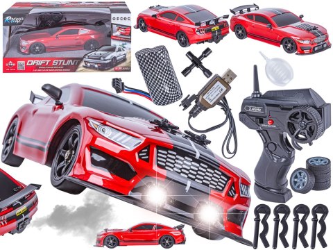 DUŻY Samochód Do Driftu Auto RC Drift 1:16 2,4 GHz PARA DYM Mustang 4WD Czerwony LED