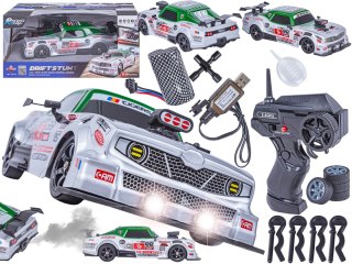 DUŻY Samochód Do Driftu Auto RC Drift 1:16 2,4 GHz PARA DYM Srebrny Dodge 4WD LED