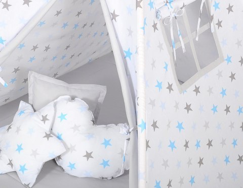 Namiot TIPI dla dzieci + mata + poduszki + zawieszki pióra - Gwiazdy niebiesko-szare/szary
