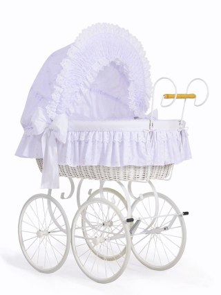 Wiklinowy kosz Mojżesza Retro ze składaną budką Charlote - biały + biała pościel z koronką