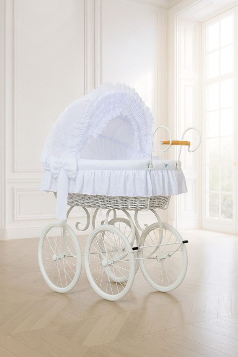 Wiklinowy kosz Mojżesza Retro ze składaną budką Charlote - biały + biała pościel z koronką