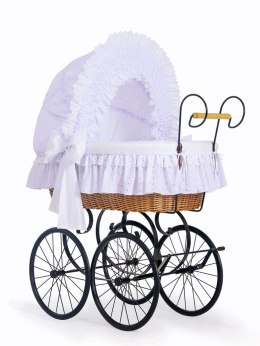 Wiklinowy kosz Mojżesza Retro ze składaną budką Charlotte - naturalny + biała pościel z koronką