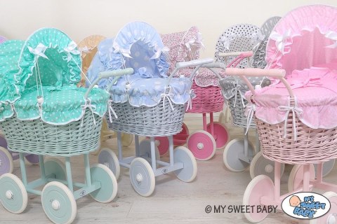 Wiklinowy wózek dla lalek wysoki z błękitną pościelką i wyściółką- biały