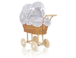 Wiklinowy wózek dla lalek wysoki z szarą pościelką i wyściółką- naturalny