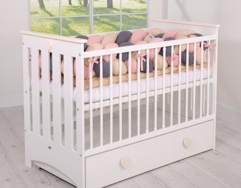 Ochraniacz warkocz pleciony do łóżeczka XXL - beżowy-antracyt-brudny róż