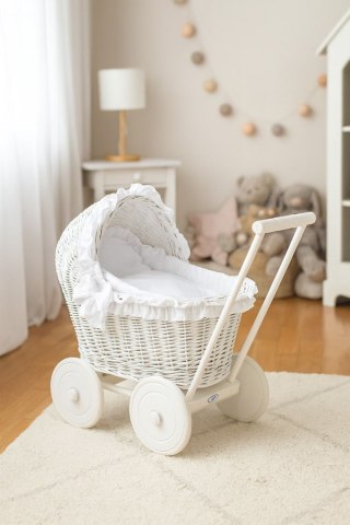 Wiklinowy wózek dla lalek pchacz biały z białą pościelką i miękką wyściółką CHIARA