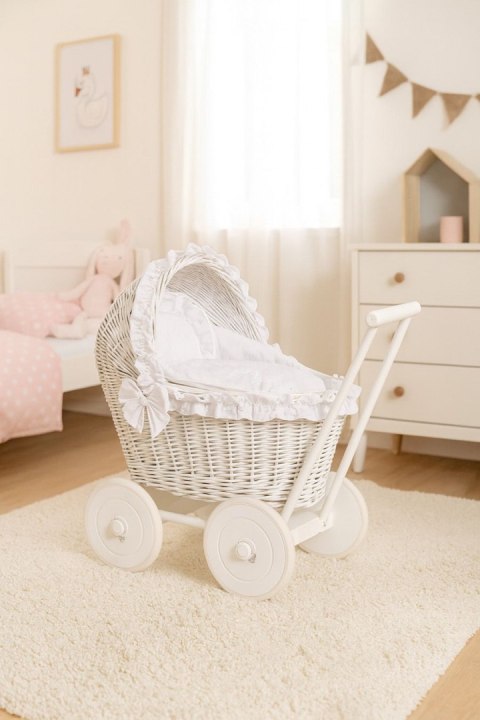 Wiklinowy wózek dla lalek pchacz biały z białą pościelką i miękką wyściółką CHIARA