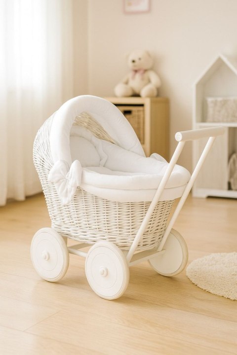 Wiklinowy wózek dla lalek pchacz biały z białą pościelką i miękką wyściółką STELLA
