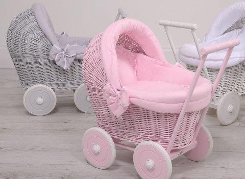 Wiklinowy wózek dla lalek pchacz biały z białą pościelką i miękką wyściółką STELLA