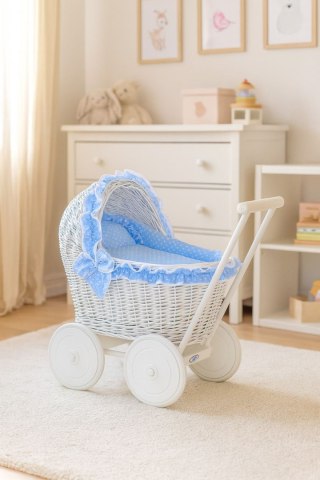 Wiklinowy wózek dla lalek pchacz biały z błękitną pościelką i miękką wyściółką CHIARA