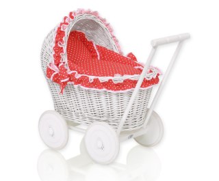 Wiklinowy wózek dla lalek pchacz biały z czerwoną pościelką i miękką wyściółką CHIARA