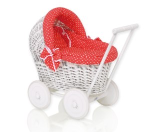 Wiklinowy wózek dla lalek pchacz biały z czerwoną pościelką i miękką wyściółką STELLA